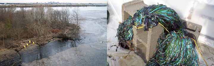 Left, workers clean up an oiled river shoreline. Right, oiled pom-poms line a rope tied to a concrete block.