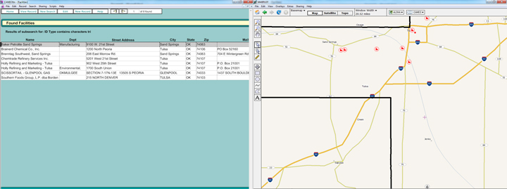 A screen shot of CAMEOfm with a list of certain chemical facility locations in Tulsa County and a view of these locations mapped in MARPLOT.