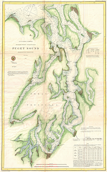 U.S. Coast Survey nautical chart of Washington's Puget Sound in 1867.
