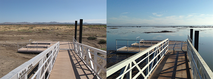 Left: A boat ramp leading to a dry field. Right: Flooded marsh with a boat ramp in California.