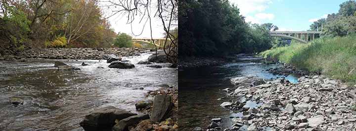 Stream with rock dam (left) and without rock dam (right).