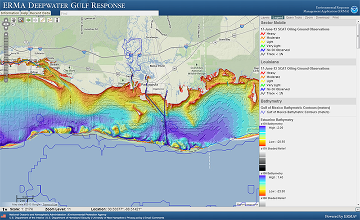 Screenshot of interactive map of Louisiana and Alabama showing water depth and oiled shorelines.
