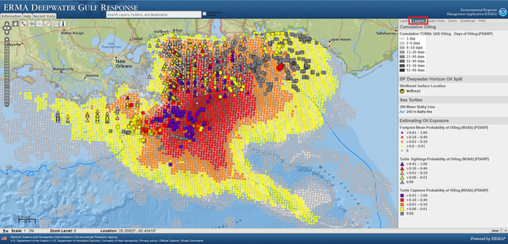 View of Environmental Management Application map of Gulf of Mexico showing varying probabilities of oil presence and sea turtle exposure to oil during the Deepwater Horizon oil spill with map legend.