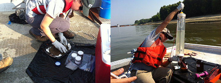 Left: Scientist scooping sediment from a pan to collection jars. Right: Scientist on a boat holding a tube of water to transfer to jars.