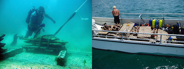 Left, a diver attaching a rope to remove a casita from seafloor and at right, a man on a boat with dismantled casitas.