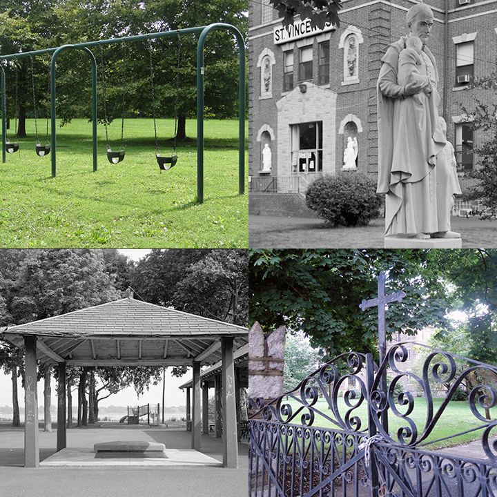 Playground swings at St. Vincent's. Statue of St. Vincent with a child in front of large brick building. Elaborate locked iron gate with a cross. Pavilion with trees and river view.