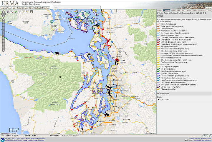Screen capture view of Pacific Northwest ERMA showing a map of Puget Sound with ports and shoreline sensitivity indicated in various colors.
