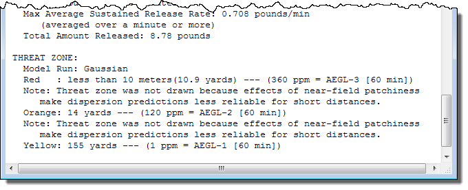 An excerpt from the Text Summary screen, which shows approximate estimates for the threat zone lengths: less than 10.9 yards (red zone), 14 yards (orange zone), and 155 yards (yellow zone).