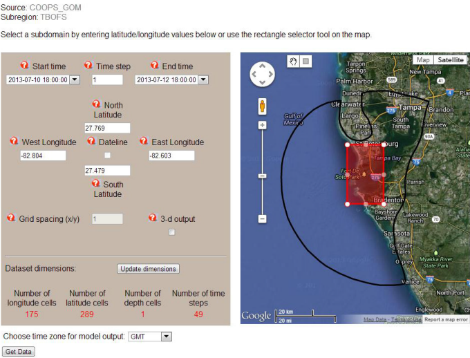 A screenshot from the GOODS website of the interface for downloading forecasts from ocean currents models. The tool allows you to extract model data for a particular region by entering bounding latitude/longitude values in text boxes or by using a rectangle selector tool on the Google map.