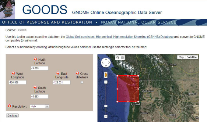 A screenshot from the GOODS website of the Custom Map Generator. The tool allows you to extract coastline data for a particular region by entering bounding latitude/longitude values in text boxes or by using a rectangle selector tool on the Google map.