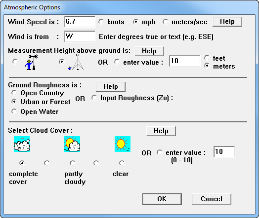 Susan enters the information about the wind, ground roughness, and cloud cover on the first Atmospheric Options dialog box.