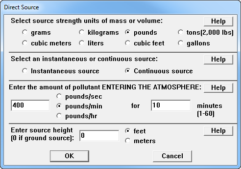 Susan enters a 10-minute continuous source release with a release rate of 400 pounds per minute.