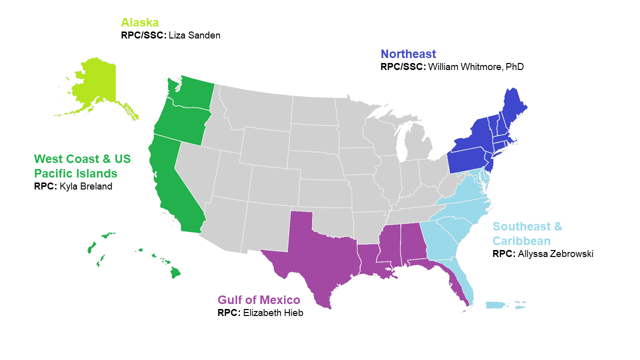 A map of the United States with the Southeast and Gulf of Mexico regions highlighted. 